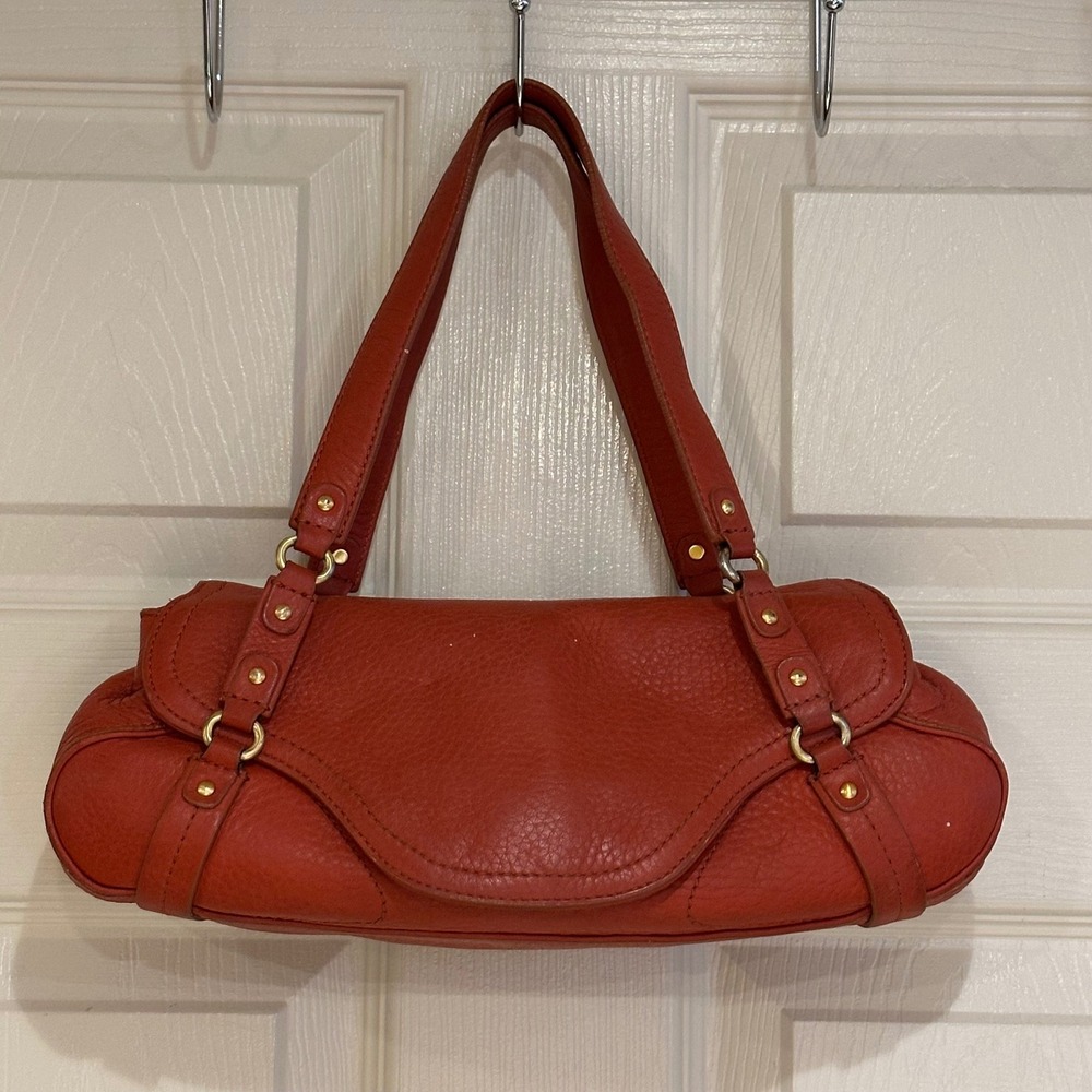 Cole Haan Orange Pebbled Leather Shoulder Bag Gold Hardware Flap Closure